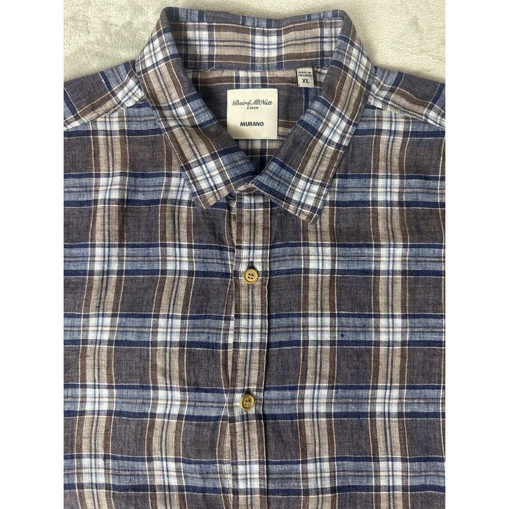 Murano Baird McNutt Plaid Linen Button Up Shirt Mens XL Blue Brown Short Sleeve